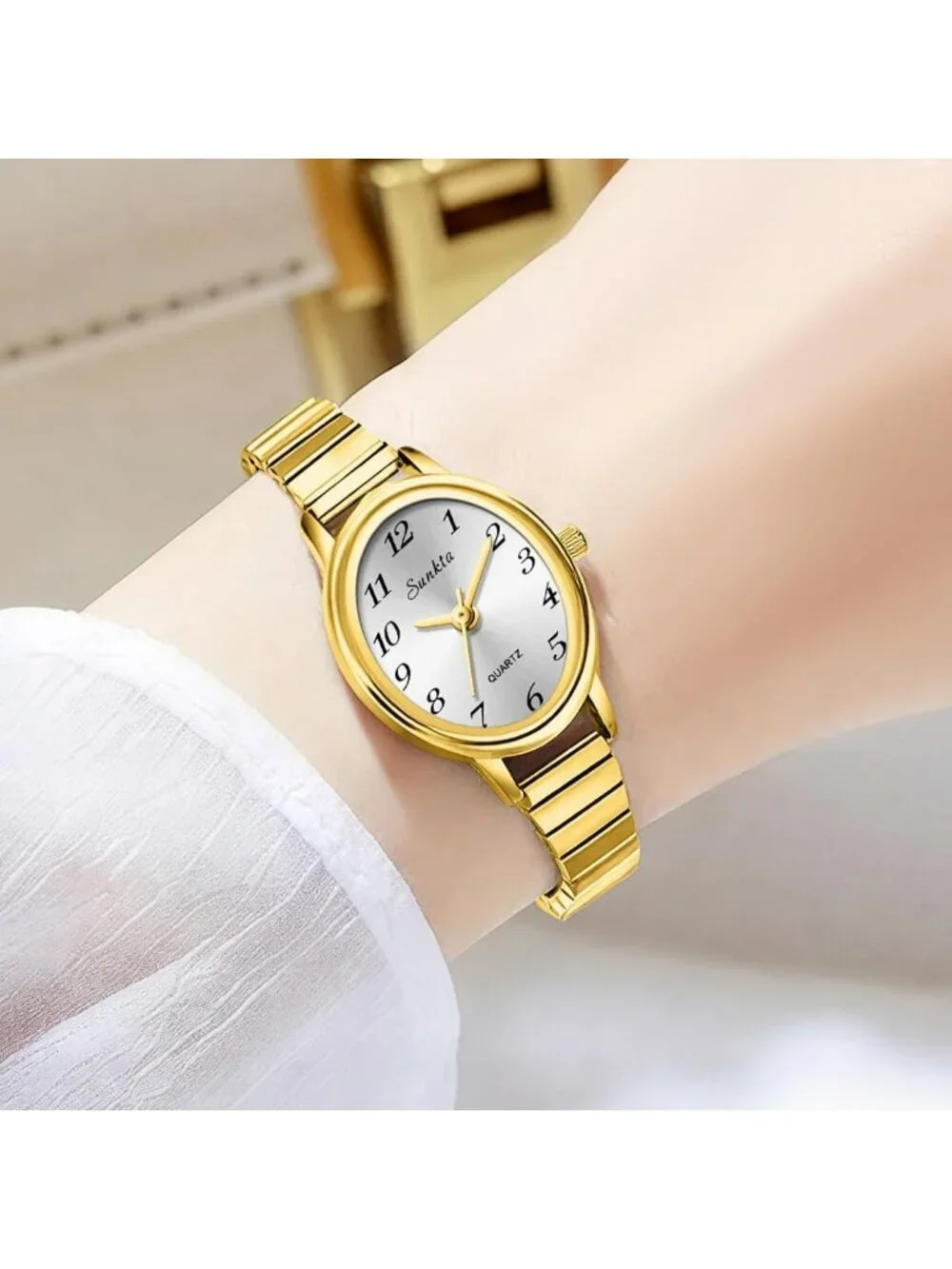 Women's Gold White Easy Read Oval Dial Analog Stainless Steel Bracelet Watch